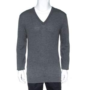 Gucci Grey Wool Shoulder Striped Detail V Neck Sweater XL