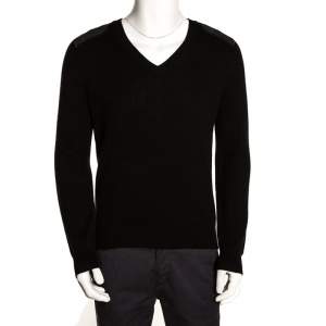 Gucci Black Cashmere Wool Leather Patch Detail V Neck Sweater M