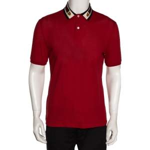 Gucci Red Cotton Pique Web & Feline Head Detail Polo T Shirt M