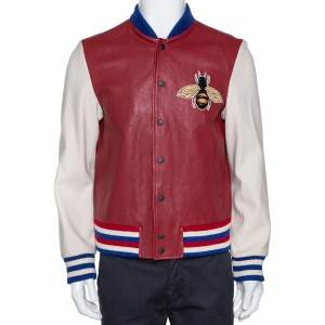 Gucci Burgundy Leather 'Blind for Love' Varsity Bomber Jacket L