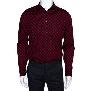 Gucci Red & Black Checkered Cotton Long Sleeve Slim Fit Shirt M 