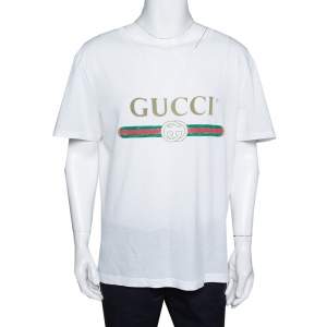Gucci White Cotton Washed Out Logo Print T Shirt M