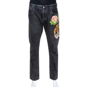  Gucci Charcoal Grey Denim Tiger & Floral Applique Tapered Jeans XL