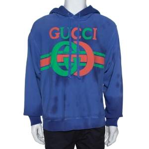 Gucci Blue Washed Out Effect Cotton Knit Interlocking GG Print Hoodie M