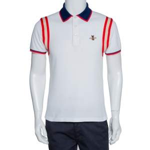 Gucci White Stretch Cotton Bee Appliqued Polo T-Shirt M