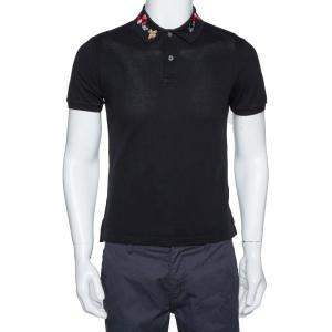 Gucci Black Stretch Cotton Snake Embroidered Collar Polo T-Shirt M