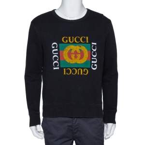 Gucci Black Vintage Logo Print Cotton Distressed Effect Sweatshirt S