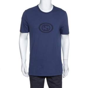 Gucci Navy Blue Logo Print Cotton Crew Neck T-Shirt XXL