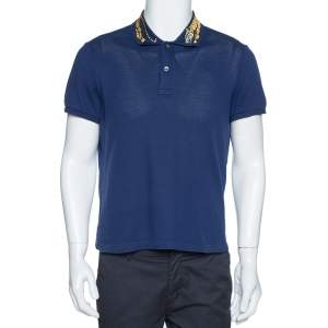 Gucci Navy Blue Cotton Pique Tiger Embroidered Collar Polo T Shirt M