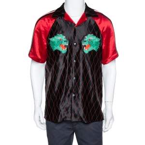 Gucci Black & Red Satin Panther Applique Bowling Shirt M