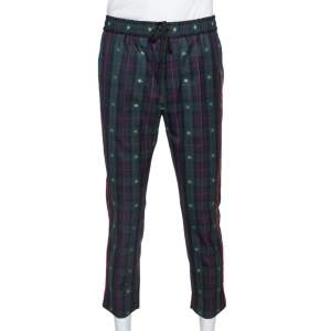 Gucci Green Tartan Check Wool Bee Motif Cropped Trousers S