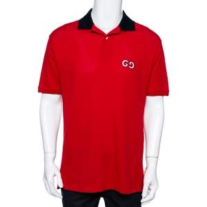 Gucci Red Cotton Pique GG Embroidered Polo T-Shirt S