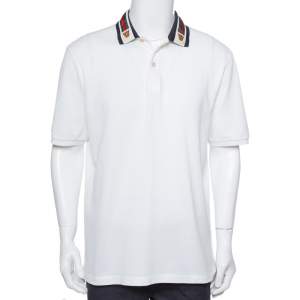 Gucci White Cotton Pique Tiger Web Collar Polo T-Shirt XXL