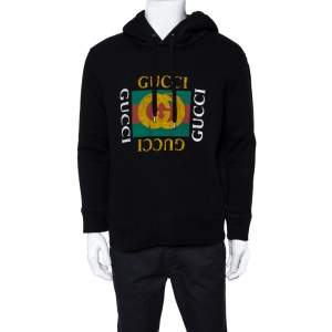 Gucci Black Cotton Rib Knit Logo Print Hoodie Sweatshirt M