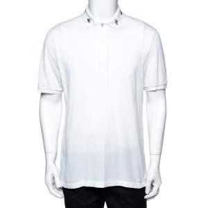 Gucci White Cotton Honeycomb Knit Embroidered Collar Polo T-Shirt XXXL