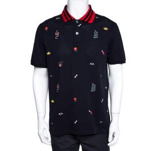 Gucci Navy Blue Cotton Multi Motif Embroidered Polo T-Shirt 3XL
