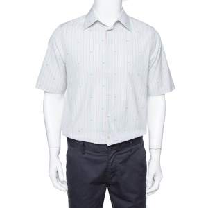 Gucci Pale Green Striped Cotton G Detail Short Sleeve Shirt M