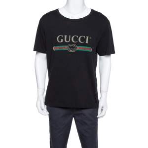 Gucci Black Cotton Washed Out Effect Logo Printed Crewneck T Shirt L