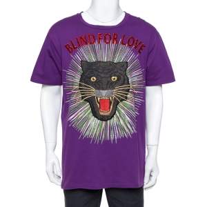 Gucci Purple Cotton Sequin Embellished Tiger Applique Blind For Love T Shirt L