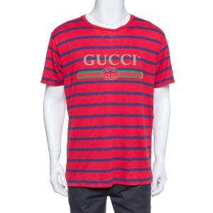 Gucci Red & Blue Striped Linen Knit Logo Printed Oversized T Shirt S