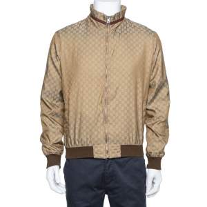 Gucci Brown Synthetic Logo Monogram Web Print Bomber Jacket M
