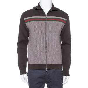Gucci Brown Web Stripe Intarsia Knit Zipper Front Sweater M