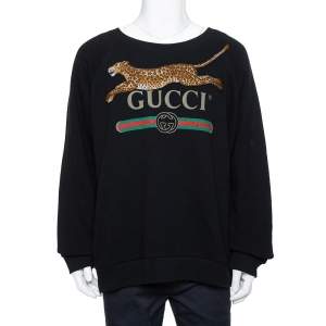 Gucci Black Logo Printed Cotton Leopard Applique Detail Sweatshirt XXL