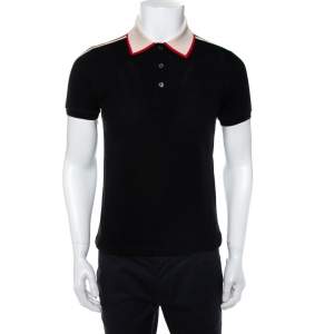 Gucci Black Cotton Pique Contrast Collar Web Trim Detail Polo Shirt S