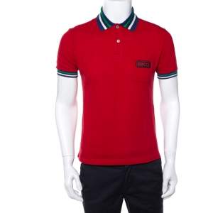 Gucci Red Cotton Pique Contrast Collar Logo Patch Detail Polo T-Shirt S