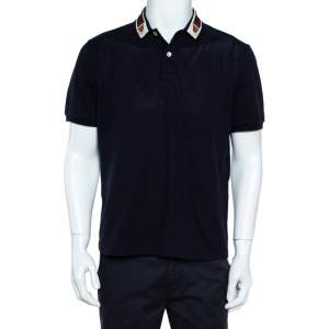Gucci Navy Blue Cotton Pique Web Trim & Feline Head Collar Detail Polo T-Shirt L