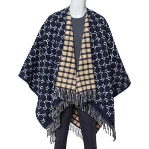 Gucci Navy Blue/Checkered  Logo Jacquard Wool Fringed Reversible Poncho (One Size)