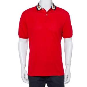 Gucci Red Cotton Pique Web & Feline Head Detail Polo T-Shirt XL