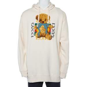 Gucci Cream Logo Printed Cotton Applique Detail Oversized Hoodie XL