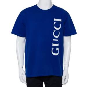Gucci Blue Cotton Logo Printed Oversized Crewneck T-Shirt M