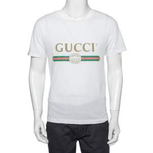 Gucci White Washed Cotton Logo Printed Oversized Crewneck T-Shirt XS