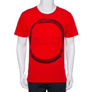 Gucci Red Logo Printed Cotton Distressed Crewneck T-Shirt S