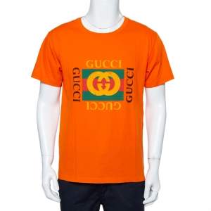 Gucci Orange Logo Printed Cotton Distressed Crewneck T-Shirt S