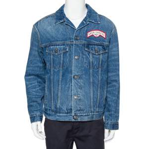 Gucci Navy Blue Washed Denim Logo Patch Detail Button Front Jacket XS