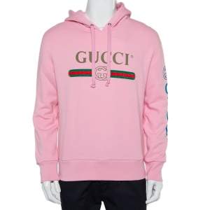 Gucci Pink Cotton Logo Dragon Embroidered Hoodie XS