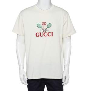 Gucci Cream Cotton Tennis Logo Embroidered Oversized Crewneck T-Shirt L