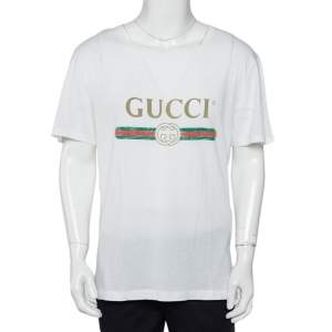 Gucci White Cotton Logo Printed Oversized Crewneck T-Shirt M