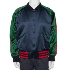 Gucci Multicolor Silk Satin Panther Applique Detail Bomber Jacket XXL