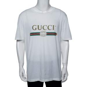 Gucci White Logo Printed Cotton Distressed Crewneck T-Shirt XL