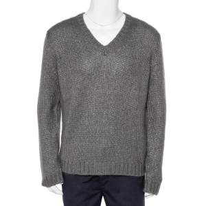 Gucci Grey Silk & Mohair Cable Knit V-Neck Sweater XL
