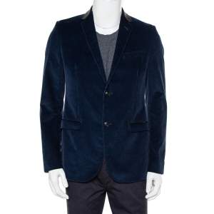 Gucci Navy Blue Corduroy Leather Trim Button Front Blazer M