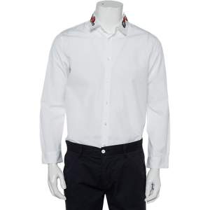 Gucci White Cotton Snake Embroidered Collar Duke Shirt L