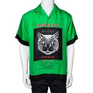 Gucci Green Cat Print Silk Bowling Shirt M