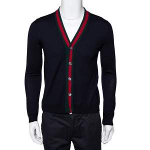 Gucci Ink Blue Wool Web Stripe Detail Open Front Cardigan XS