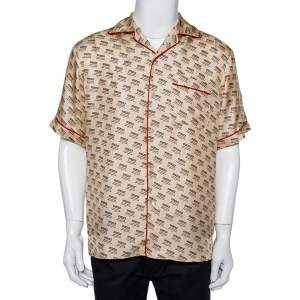 Gucci Beige Silk Invite Stamp Bowling Shirt M