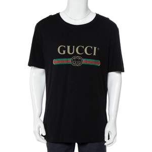 Gucci Black Washed Logo Printed Cotton Crewneck Distressed T-Shirt L
